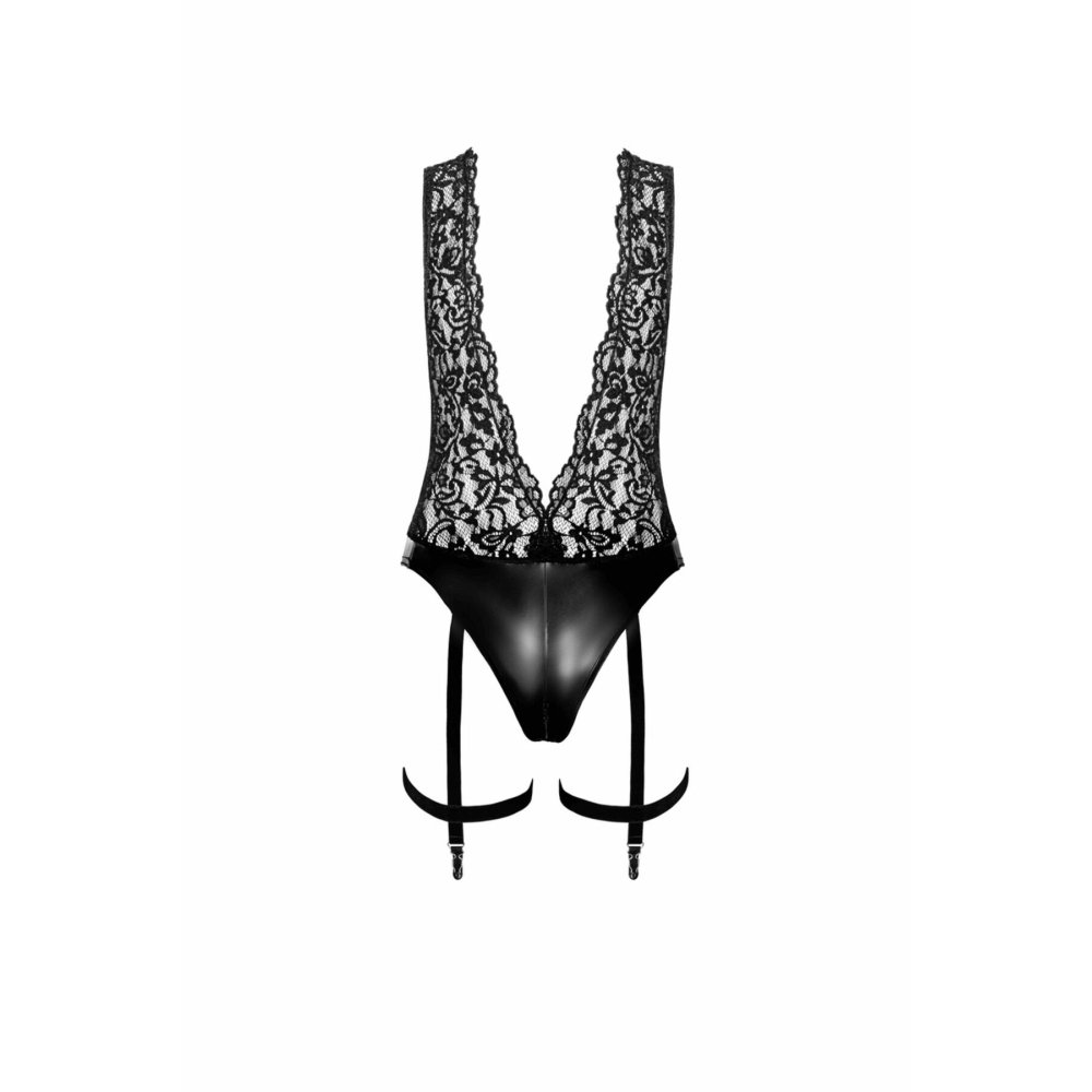 Боди Noir Handmade F297 Libido Deep-V bodysuit with collar, pearl chain and garter - M