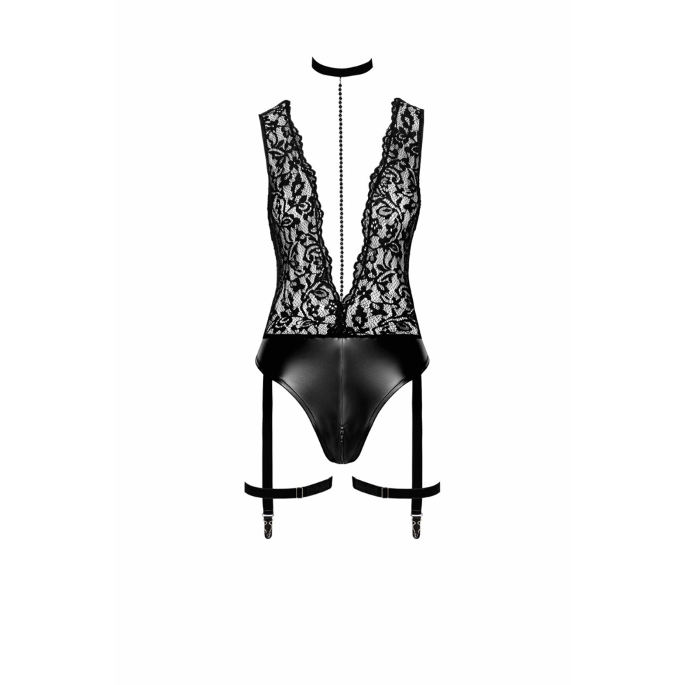 Боди Noir Handmade F297 Libido Deep-V bodysuit with collar, pearl chain and garter - L