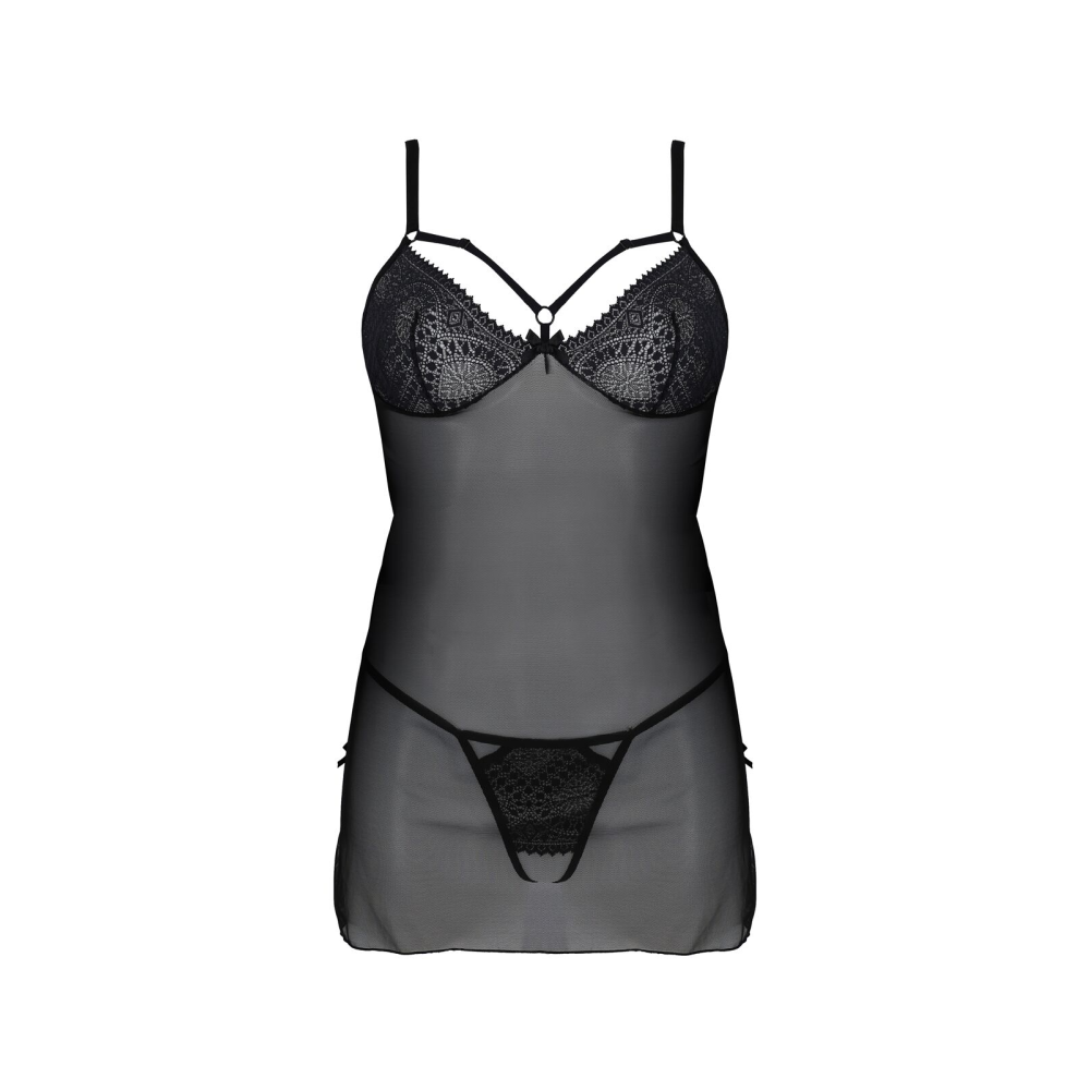 Пеньюар Passion DROSERA CHEMISE black, L/XL, кружевной лиф со стрепами, трусики в комплекте