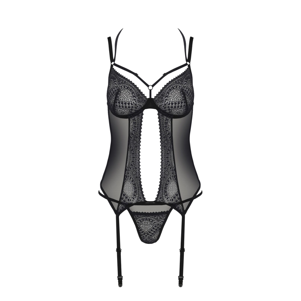 Корсет Passion DROSERA CORSET black, L/XL, с креплениями для чулок, трусики в комплекте