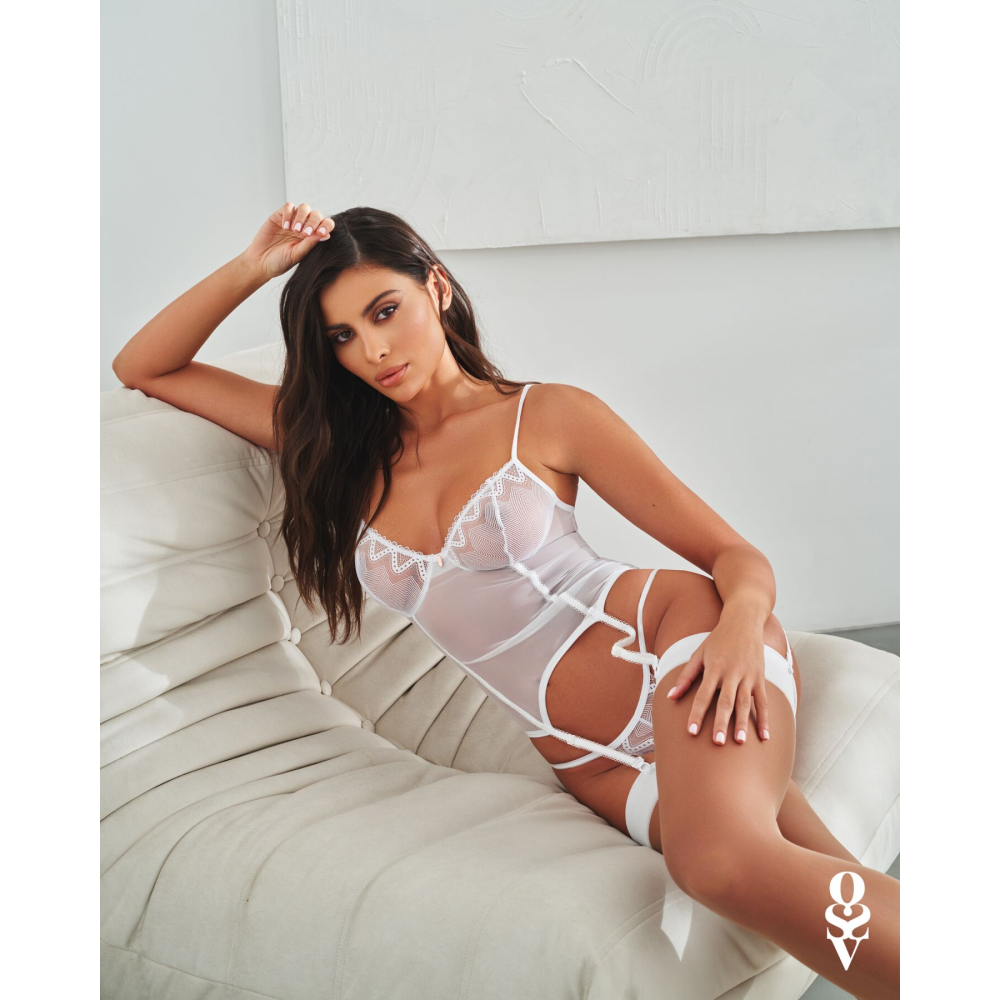 Корсет Obsessive Alissium corset & thong, M/L, гибкие косточки, открытая спина, стринги в комплекте