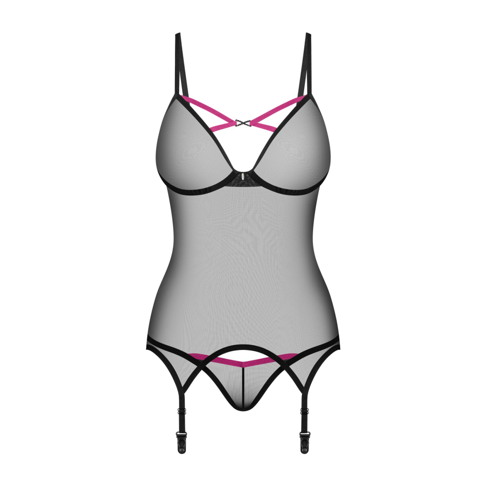 Корсет Obsessive Novenes corset & thong, XS/S, прозрачный, открытая спина, стринги в комплекте