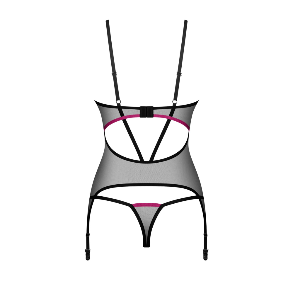 Корсет Obsessive Novenes corset & thong, XS/S, прозрачный, открытая спина, стринги в комплекте