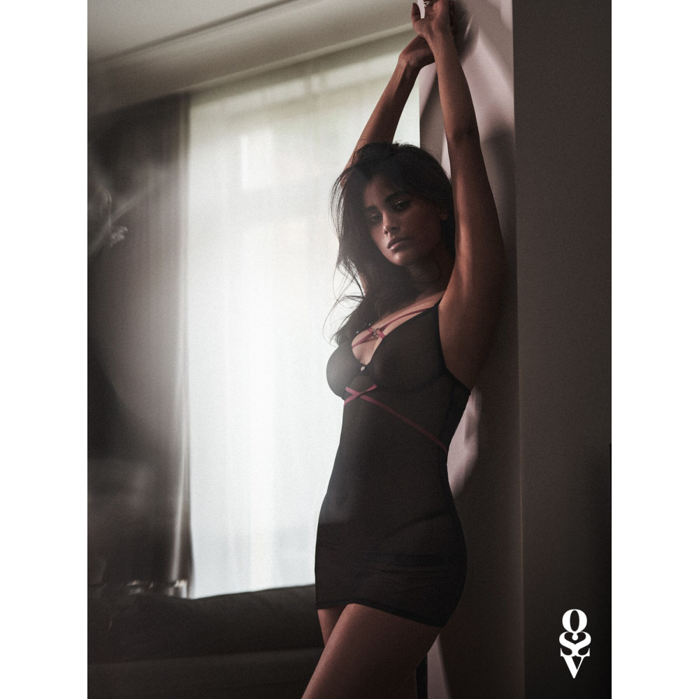 Пеньюар Obsessive Novenes chemise & thong, XL/2XL, облегающий, прозрачный, со стрепами, стринги в ко