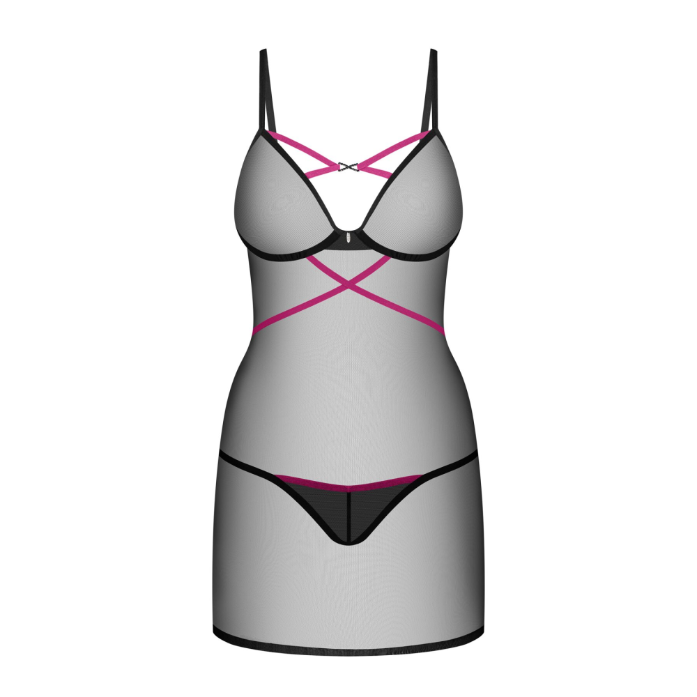 Пеньюар Obsessive Novenes chemise & thong, XL/2XL, облегающий, прозрачный, со стрепами, стринги в ко