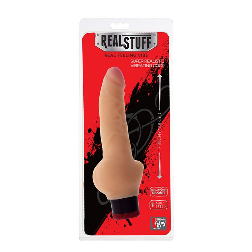 Вибромассажер реалистик Dream toys RealStuff с мошонкой 17,8 см, телесный
