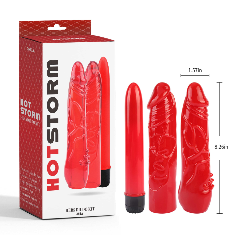 Набор вибратор + 2 насадки Chisa Hotstorm Hers Dildo Kit красный