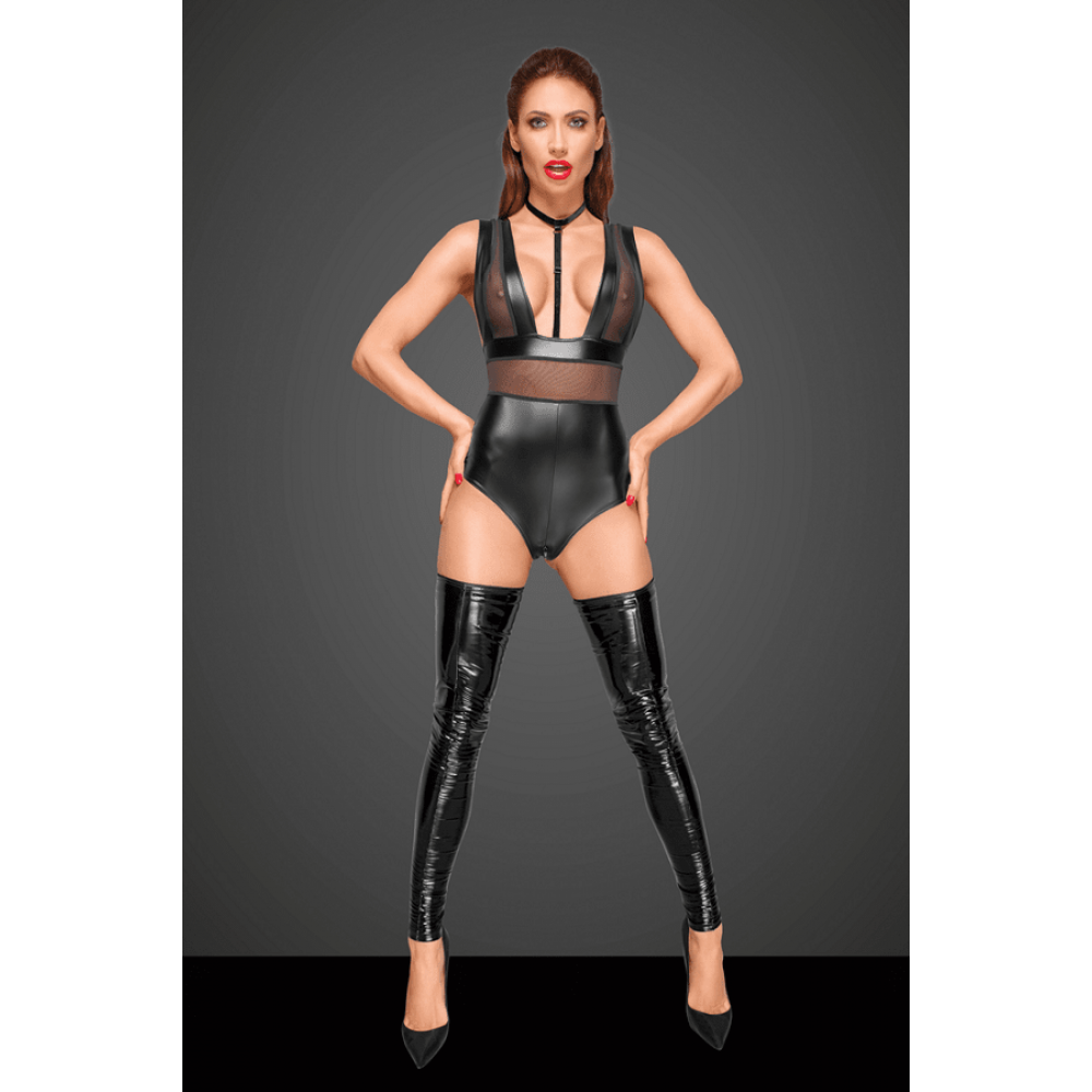 Боди сексуальный из винила с ошейником F183 Noir Handmade M