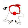 Кляп DS Fetish Ball gag with nipple clamps red