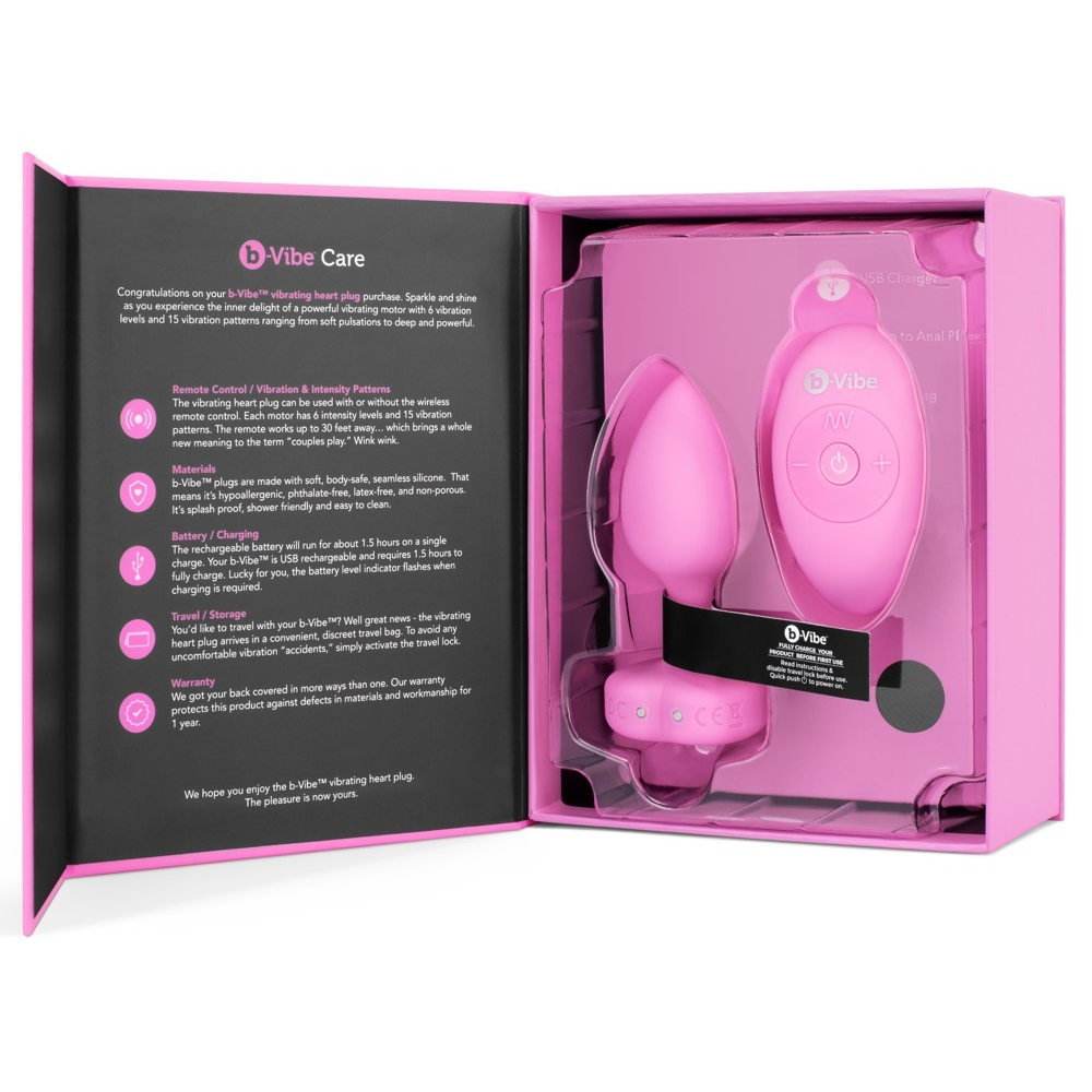 Анальная пробка с вибрацией и пультом управления B-Vibe Vibrating Heart Plug S/M Pink