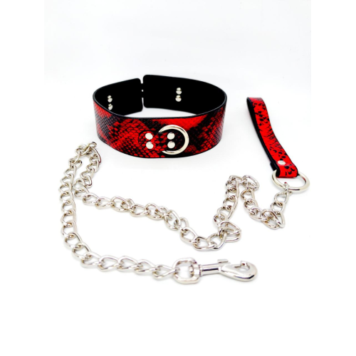 Ошейник с поводком DS Fetish snake skin под кожу змеи красный
