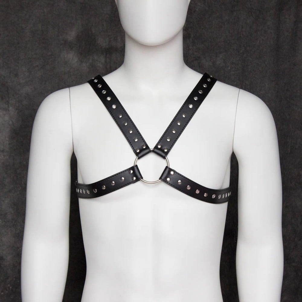 Сбруя мужская крестообразная с заклепками DS Fetish, экокожа, черная