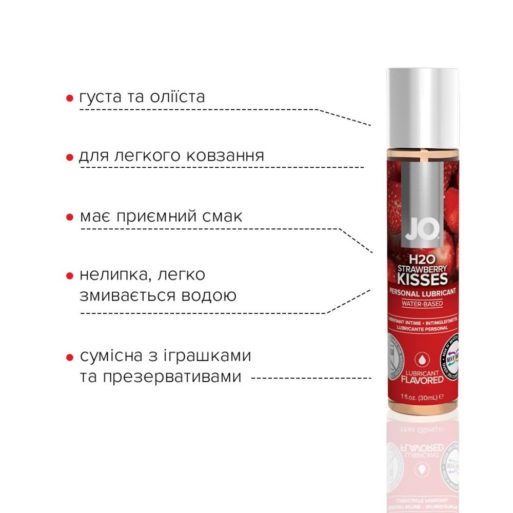 Смазка на водной основе JO H2O — Strawberry Kiss (30 мл) без сахара, растительный глицерин