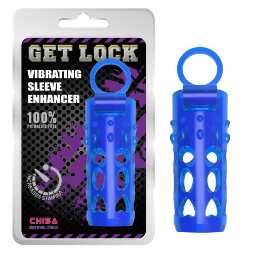 Насадка на пенис рельефная Chisa Get Lock с кольцом на мошонку и местом для вибропули, синяя