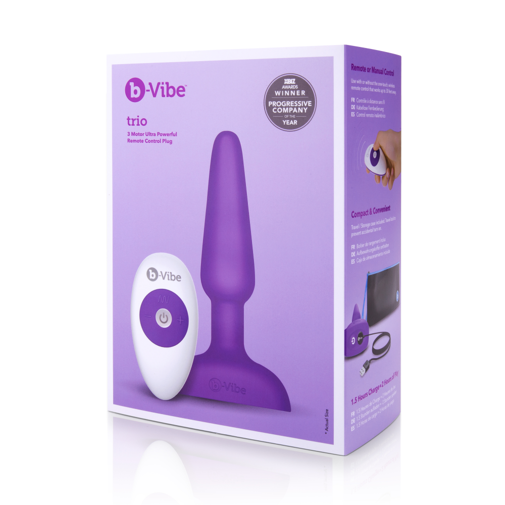 Анальная пробка с вибрацией и пультом, три мотора B-Vibe - Trio, фиолетовая