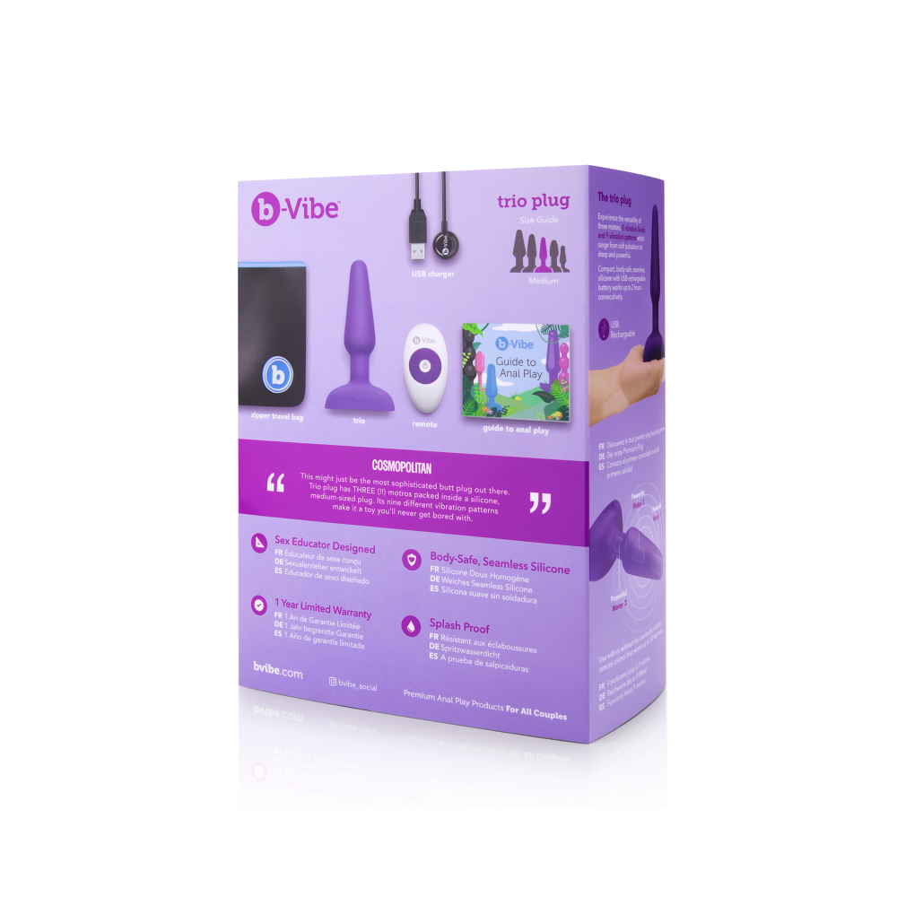 Анальная пробка с вибрацией и пультом, три мотора B-Vibe - Trio, фиолетовая