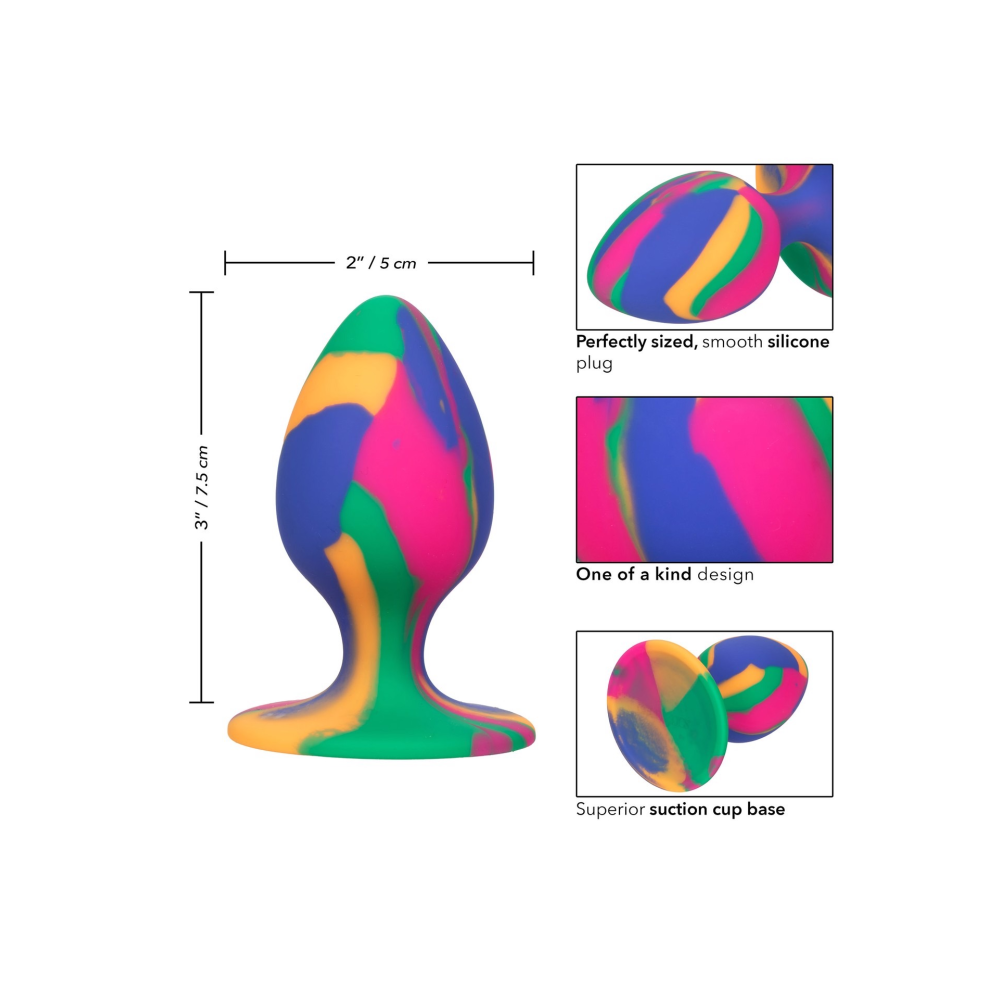 Анальная пробка силиконовая CalExotics Cheeky Tie-Dye Plug, разноцветная, Medium