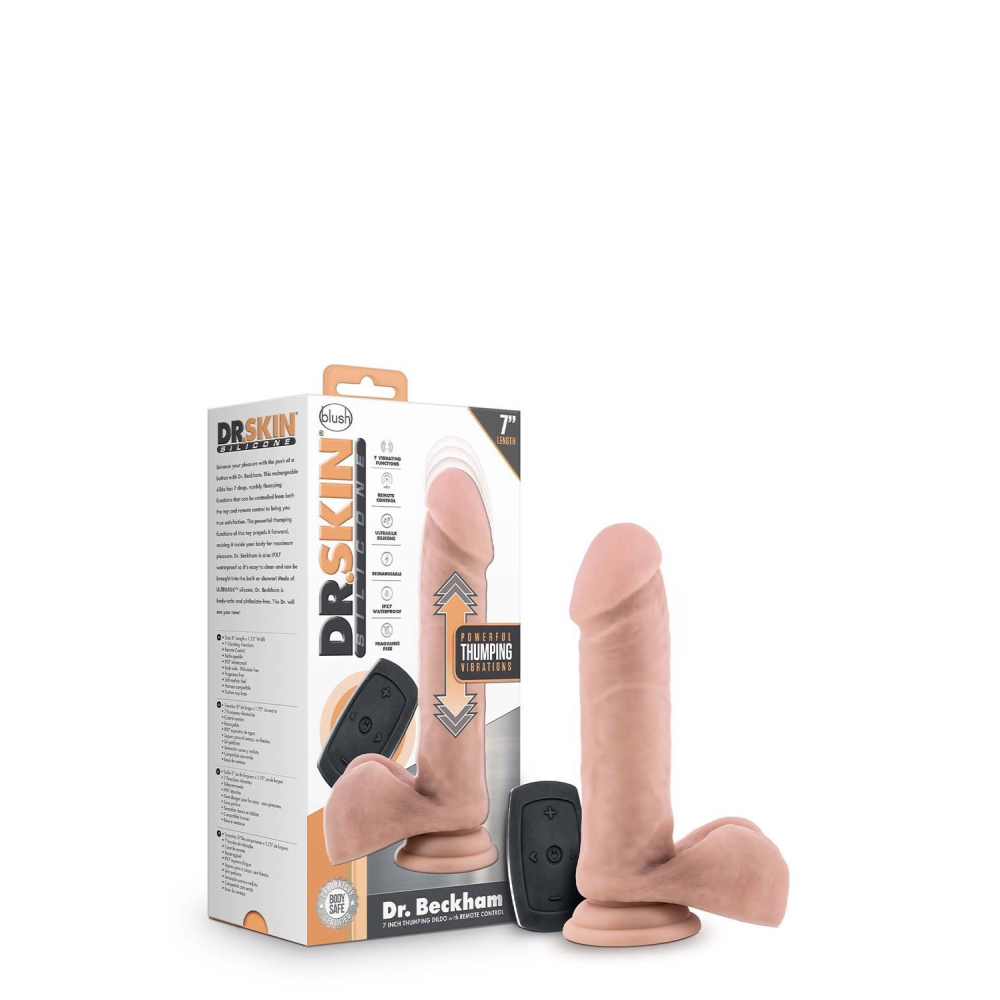 Вибратор реалистичный с мошонкой на присоске Blush Dr. Skin Dr Beckham, с пультом, бежевый