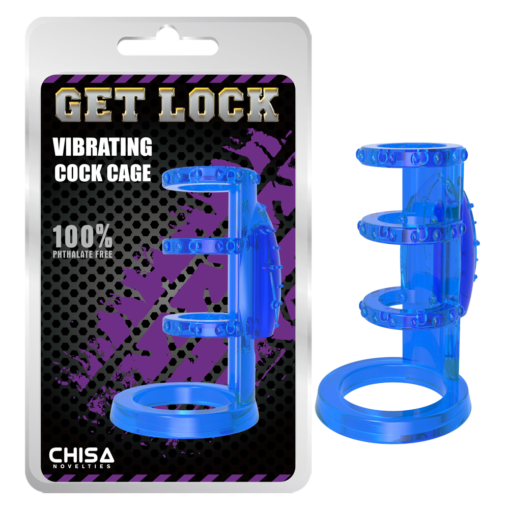 Насадка с вибрацией Chisa Get Lock Vibrating Cock Cage и эрекционными кольцами, синяя