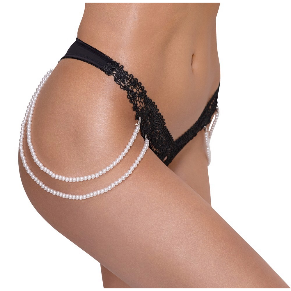 Стринги Cottelli Collection с жемчужными цепочками по бокам, черные, S/M