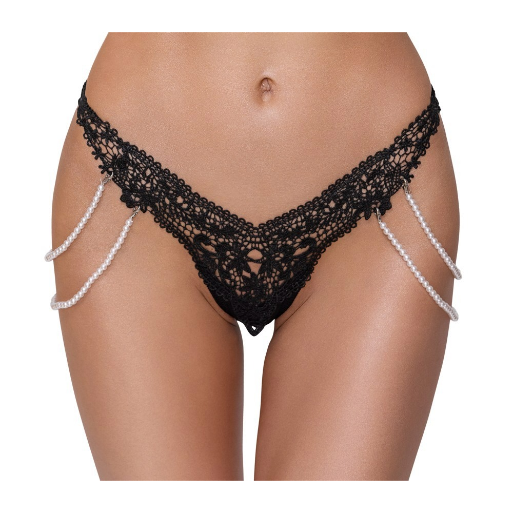 Стринги Cottelli Collection с жемчужными цепочками по бокам, черные, S/M
