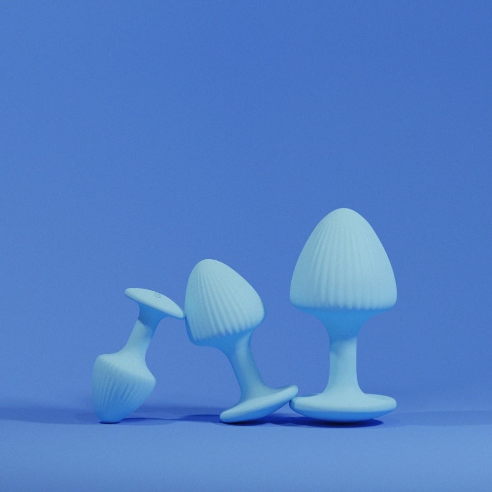 Набор анальных пробок с рельефом UPKO The Mushroom силиконовые, голубые, 3 шт.
