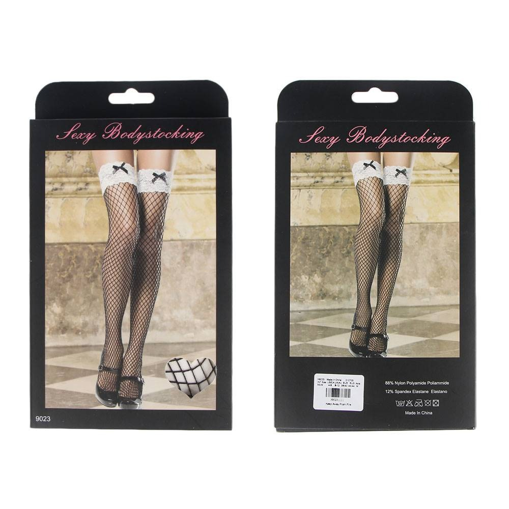 Чулки черные в сетку с белым ажурным верхом Star Night Sexy Stocking