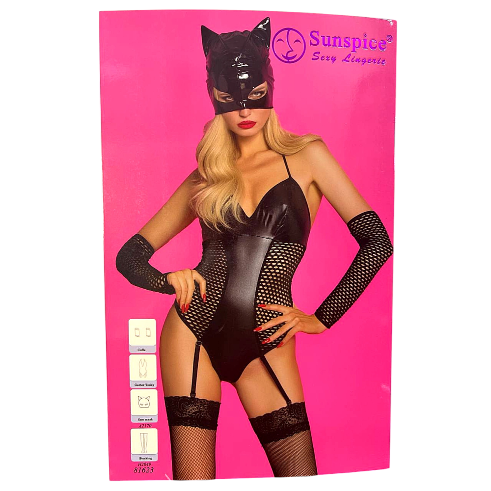 Костюм Кошечки Sunspice боди с подвязками, маска, рукава, чулки, черный, L/XL