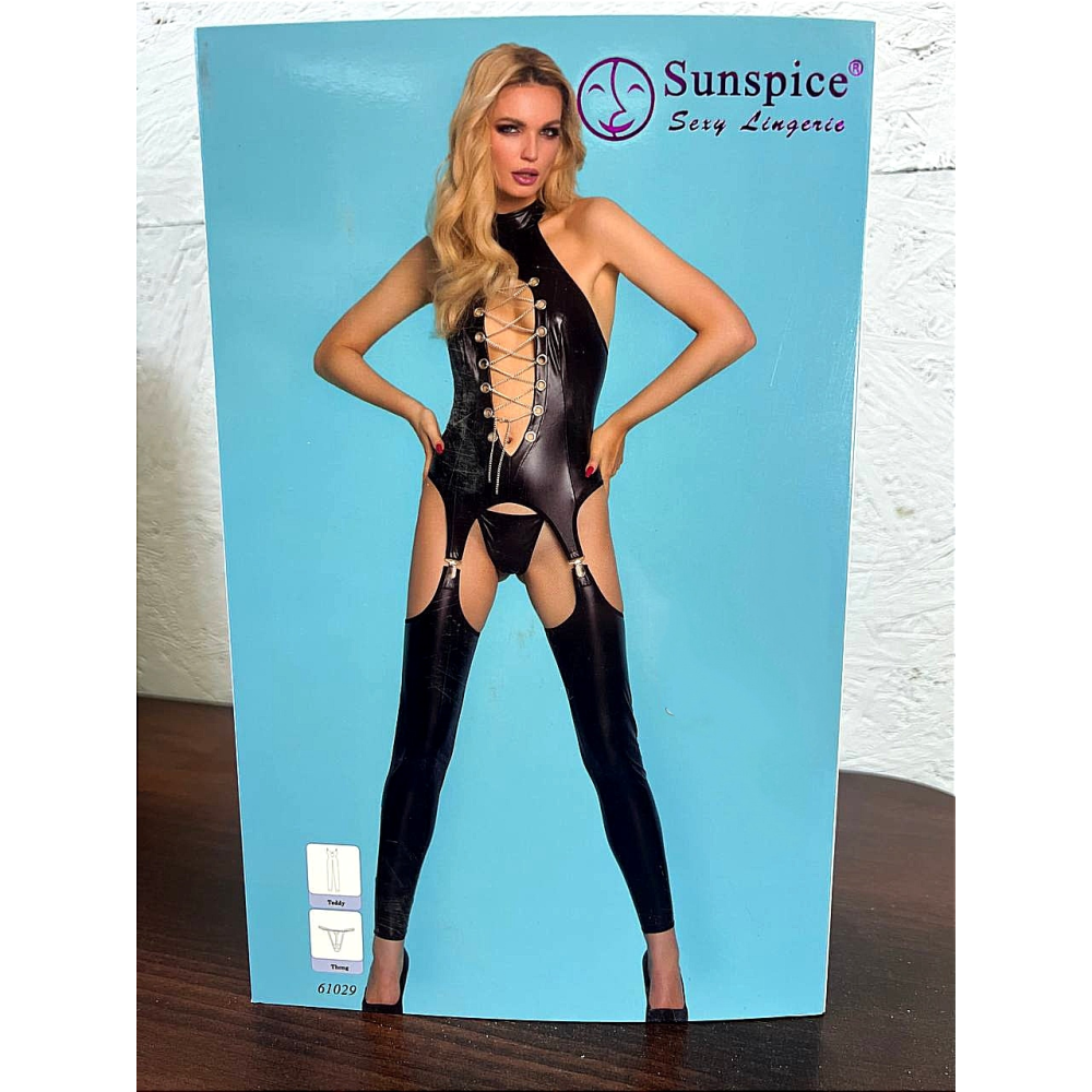 Комбинезон черный с чулками Sunspice и стринги в комплекте, S/M