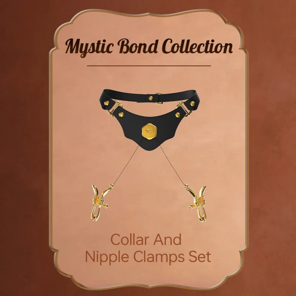 Ошейник черный из кожи UPKO Mystic Bond Collection с зажимами для сосков