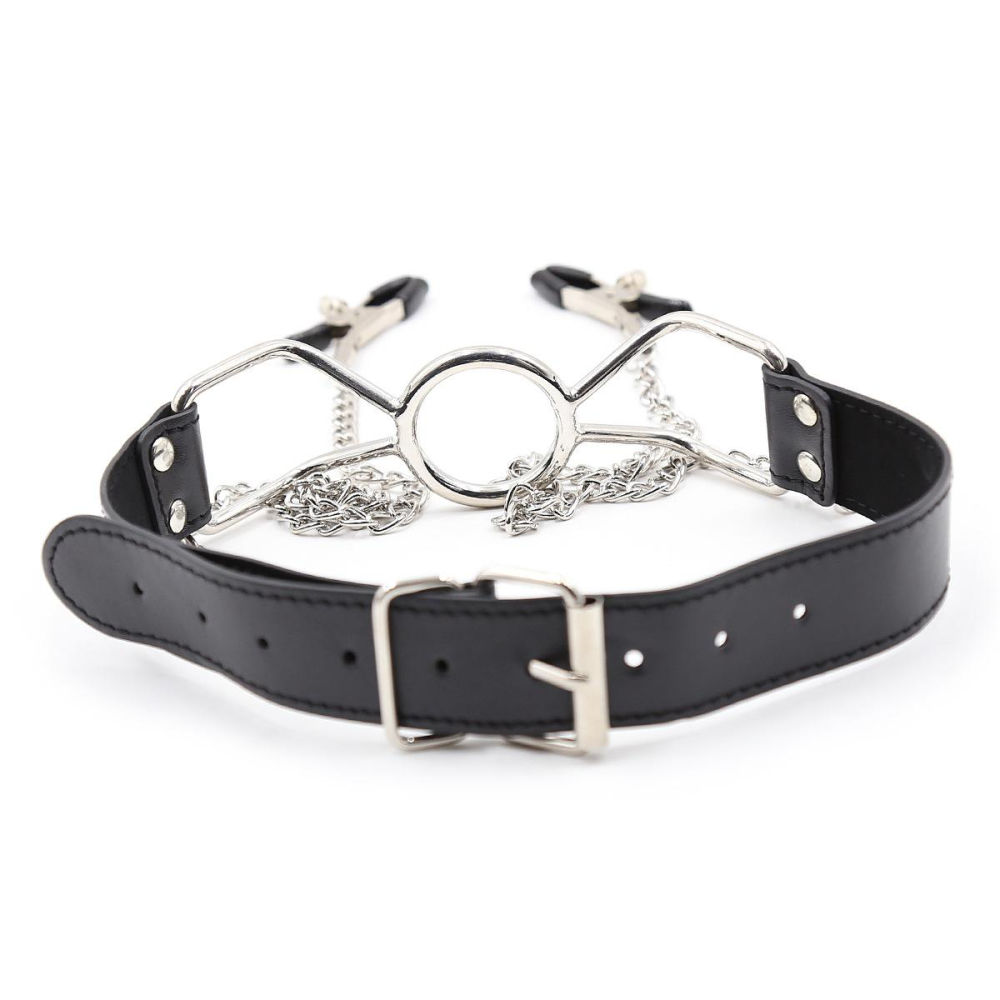 Кляп-кольцо с зажимами для сосков DS Fetish Ring gag with nipple clamps S metal