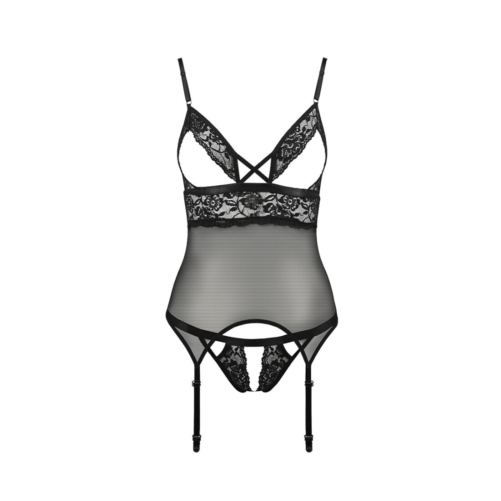 Корсет с открытой грудью Passion DIABOLINA CORSET S/M, black, пажи, трусики, полупрозрачный