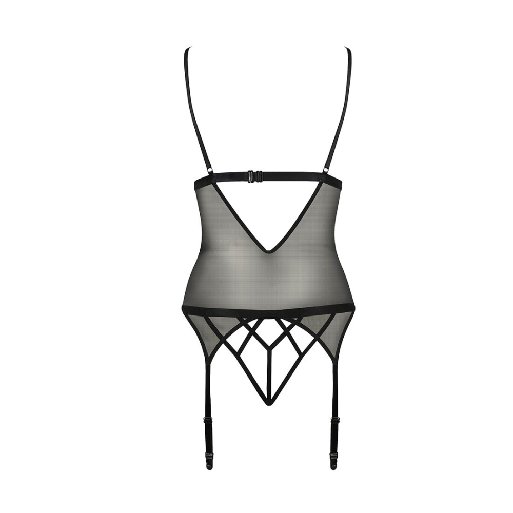 Корсет с открытой грудью Passion DIABOLINA CORSET S/M, black, пажи, трусики, полупрозрачный