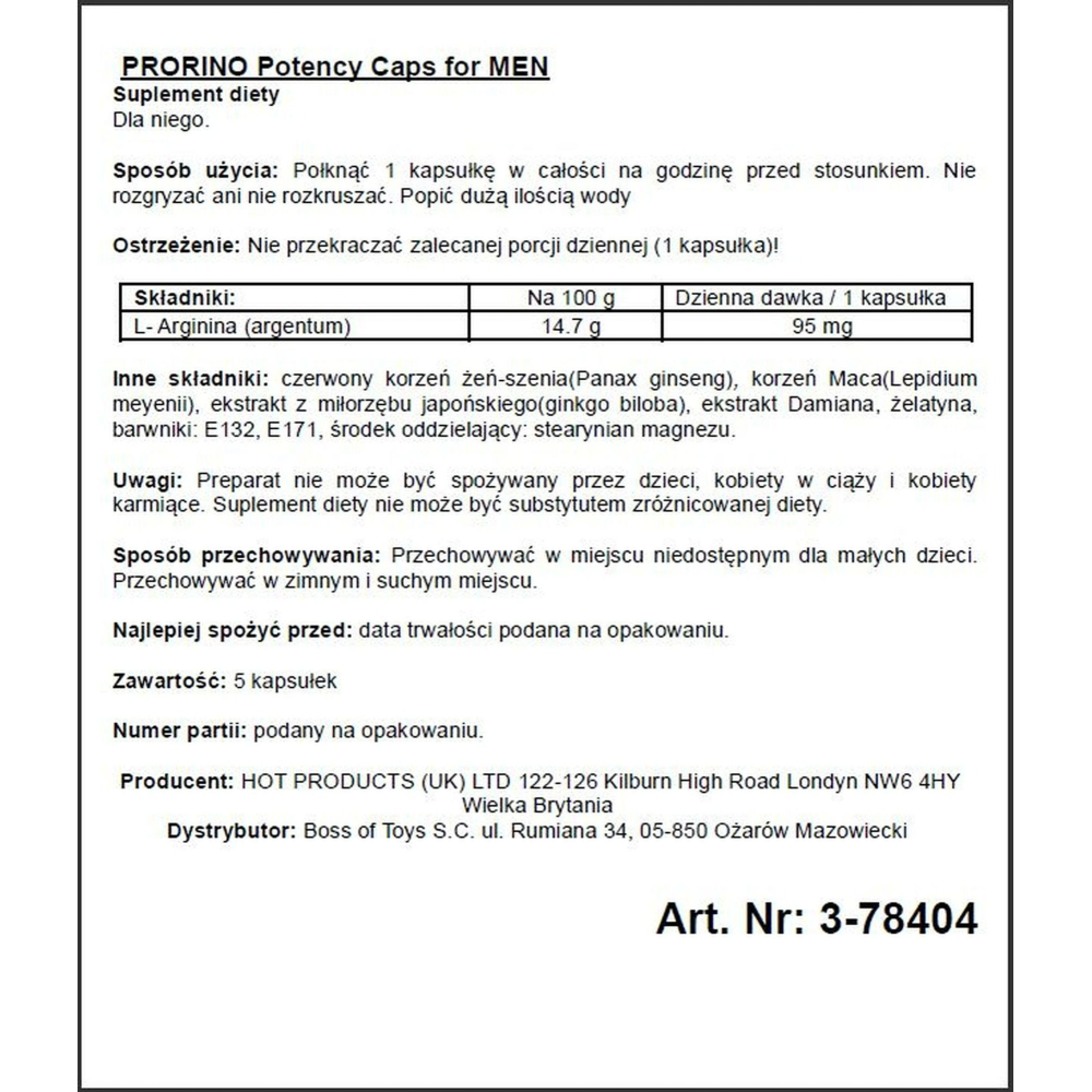 Возбуждающие капсулы для мужчин ERO PRORINO black line Potency,(цена за 5 капсул в упаковке)