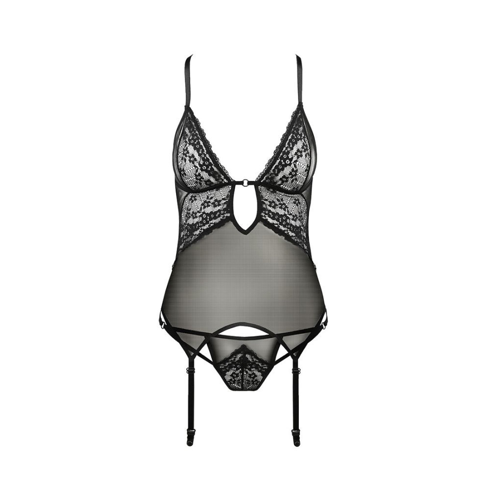 Корсет с декольте Passion ERZA CORSET L/XL, black, пажи, трусики, полупрозрачный