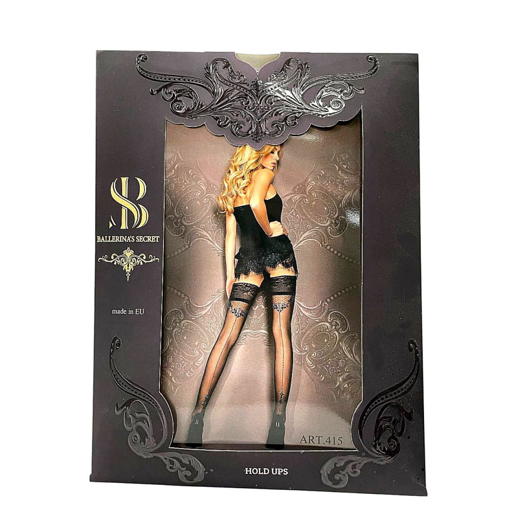 Прозрачные черные чулки Ballerina's Secret с узором, кружевным верхом и задним швом, S/M