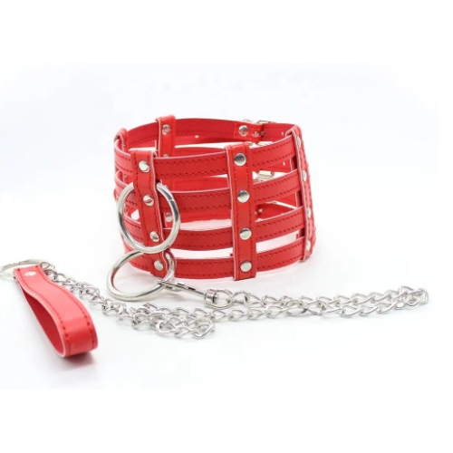 Ошейник с поводком-цепочкой DS Fetish Collar with chain leash red