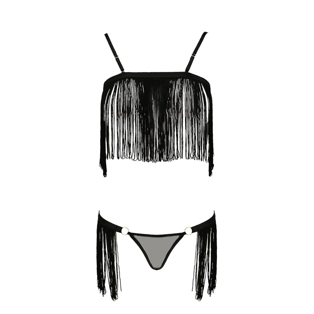 Комплект белья Passion Exclusive KASSANDRA SET OpenBra 2XL/3XL, black, лиф из бахромы, трусики-юбка