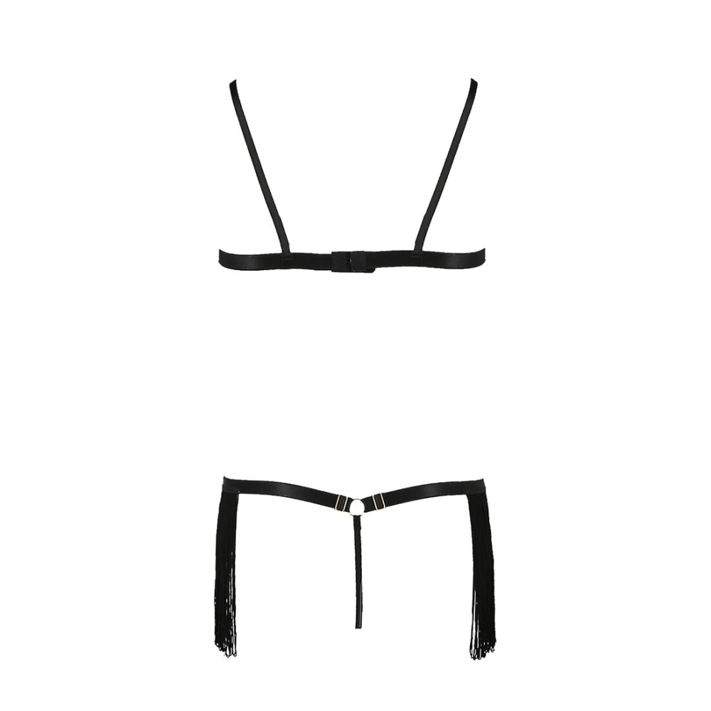 Комплект белья Passion Exclusive KASSANDRA SET OpenBra 2XL/3XL, black, лиф из бахромы, трусики-юбка