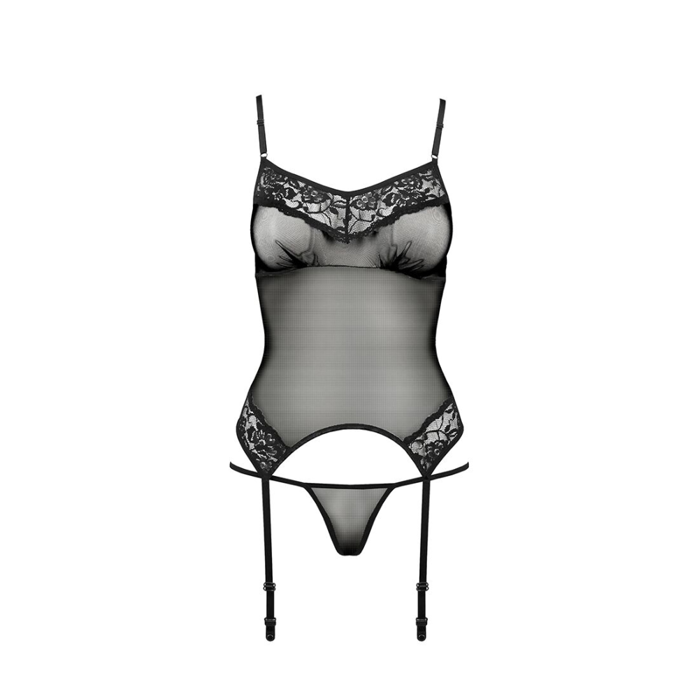 Корсет с пажами Passion MELANIA CORSET L/XL, black, трусики, полупрозрачный