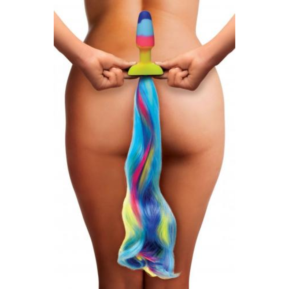 Анальная радужная пробка XR brands Rainbow Unicorn Anal Plug With Tail с хвостом