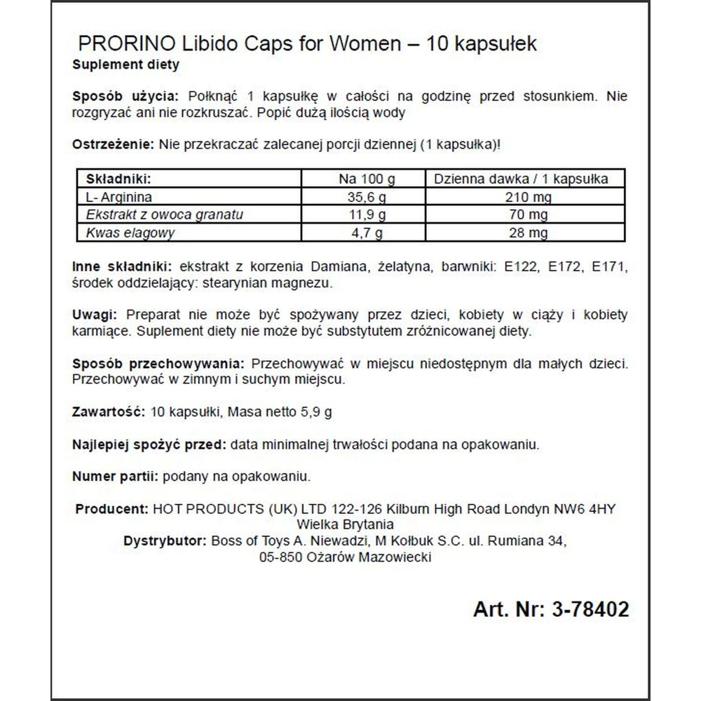 Капсулы женские PRORINO Premium для повышения либидо (цена за упаковку, 10 капсул)