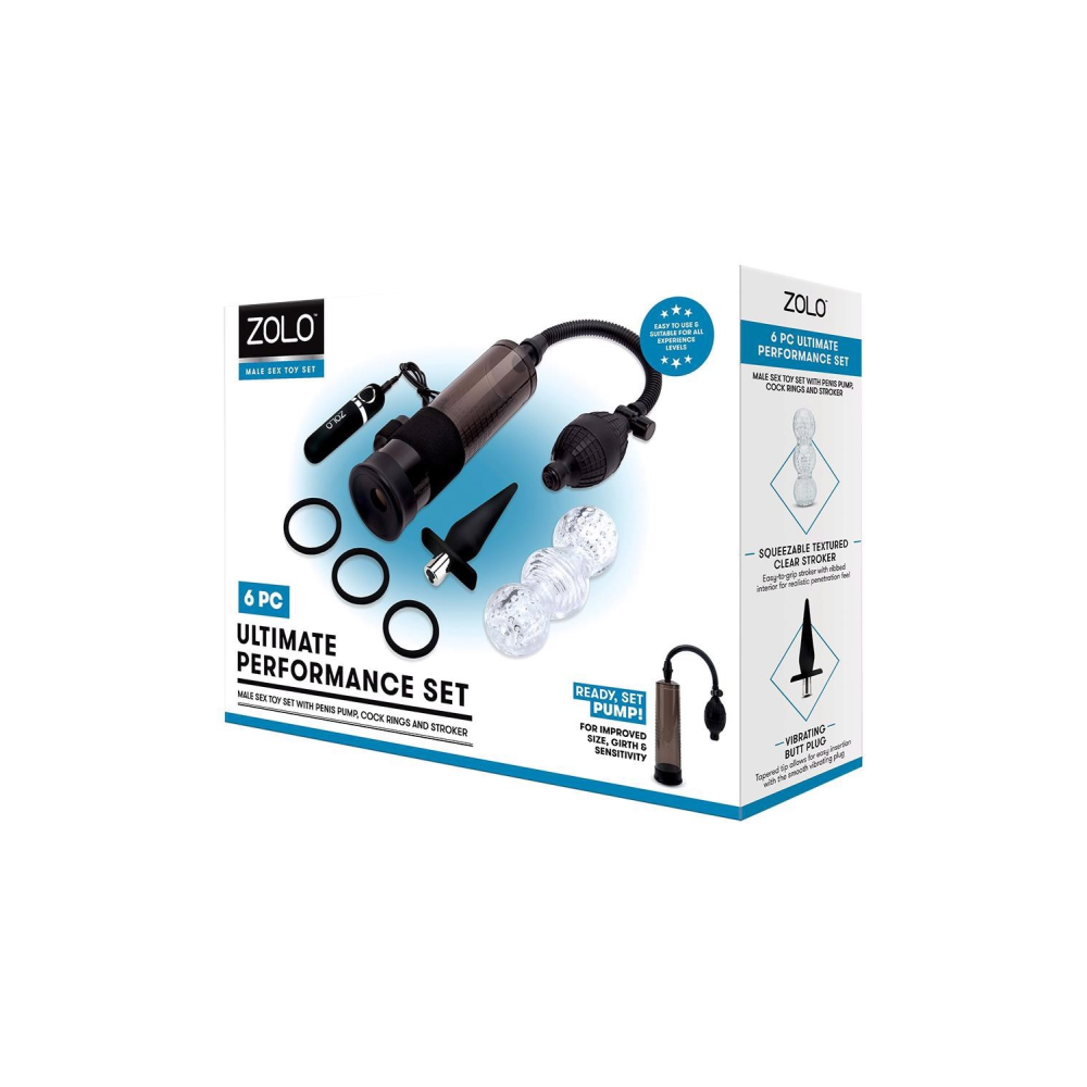 Помпа для пениса Zolo Ultimate Performance Set включающая в себя набор из 6 предметов, черный