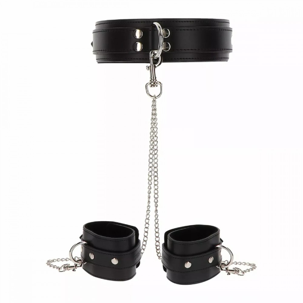 Широкий ошейник с наручниками и цепью Taboom Luxury Bondage Essentials, черный