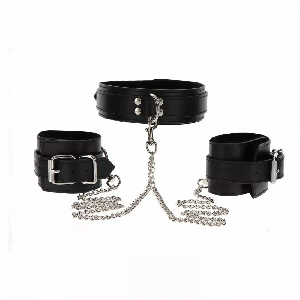 Широкий ошейник с наручниками и цепью Taboom Luxury Bondage Essentials, черный