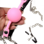 Кляп с зажимами на соски DS Fetish Locking gag with nipple clamps black/pink