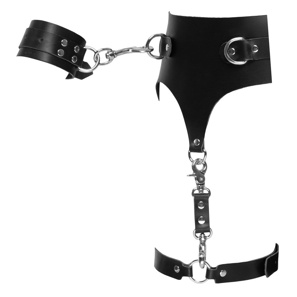 Пояс кожаный с гартерами ZADO FETISH и фиксаторами-наручниками, черный, S/M