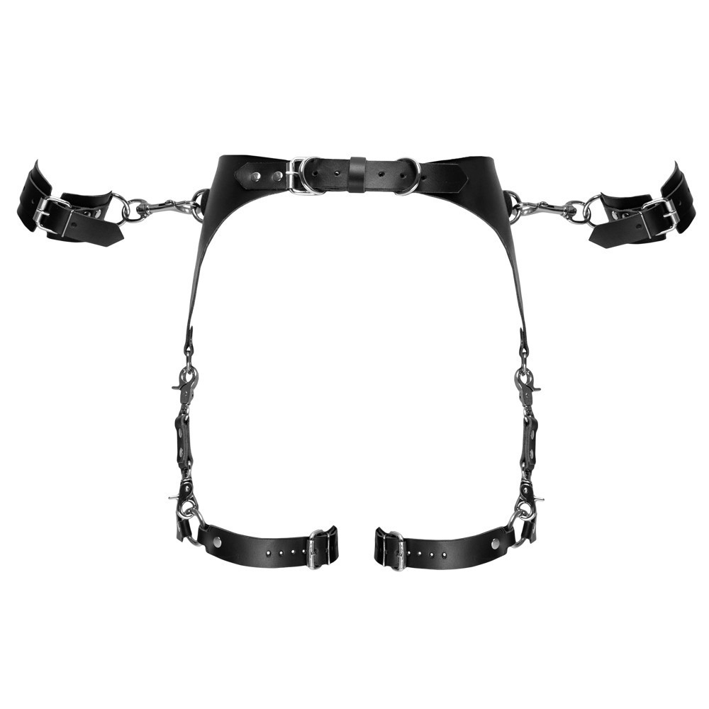 Пояс кожаный с гартерами ZADO FETISH и фиксаторами-наручниками, черный, S/M