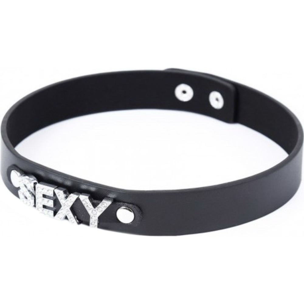 Ошейник с надписью SEXY из страз DS Fetish, кожзам, черный