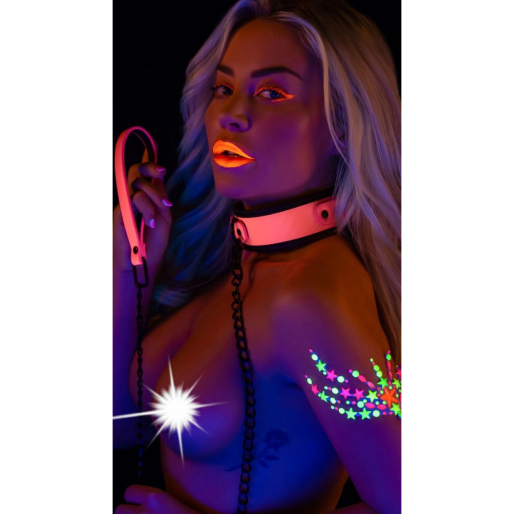 Ошейник с поводком светящийся в темноте Taboom Glow In the Dark Collar and Chain Leash, розовый
